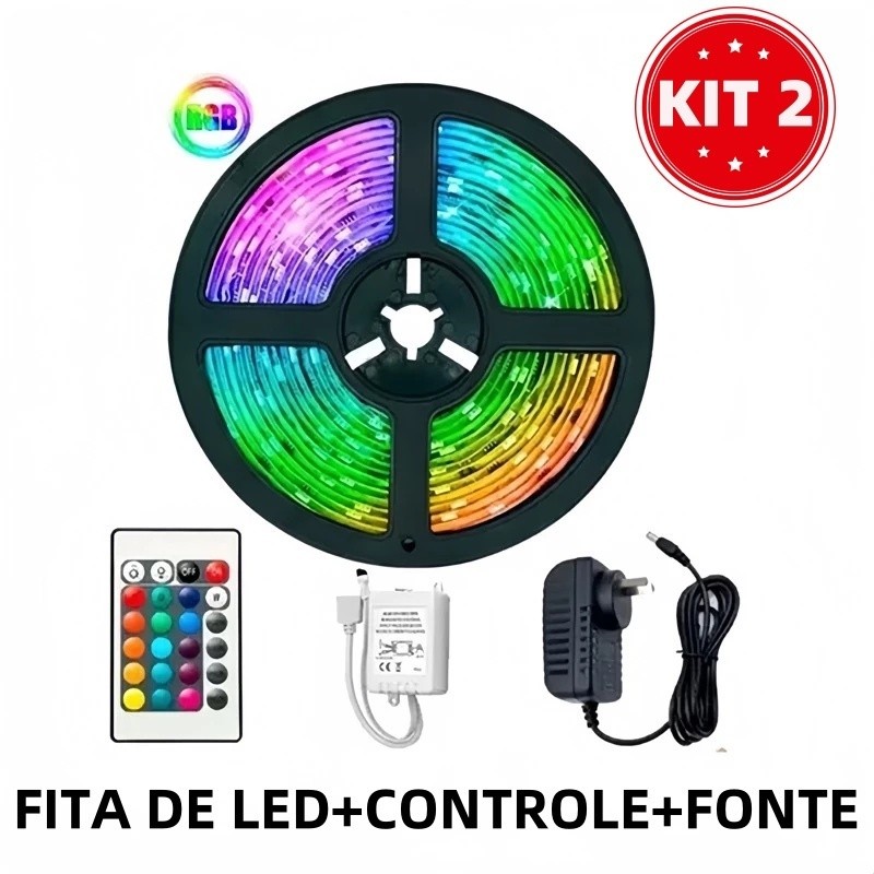 KIT 1/2/3/4 Fita Led Rgb 3528 Colorida 5m + Controle+Fonte 300 Led Decoração Casa Loja Gesso Teto Sanca Vitrine em Oferta na Shopee