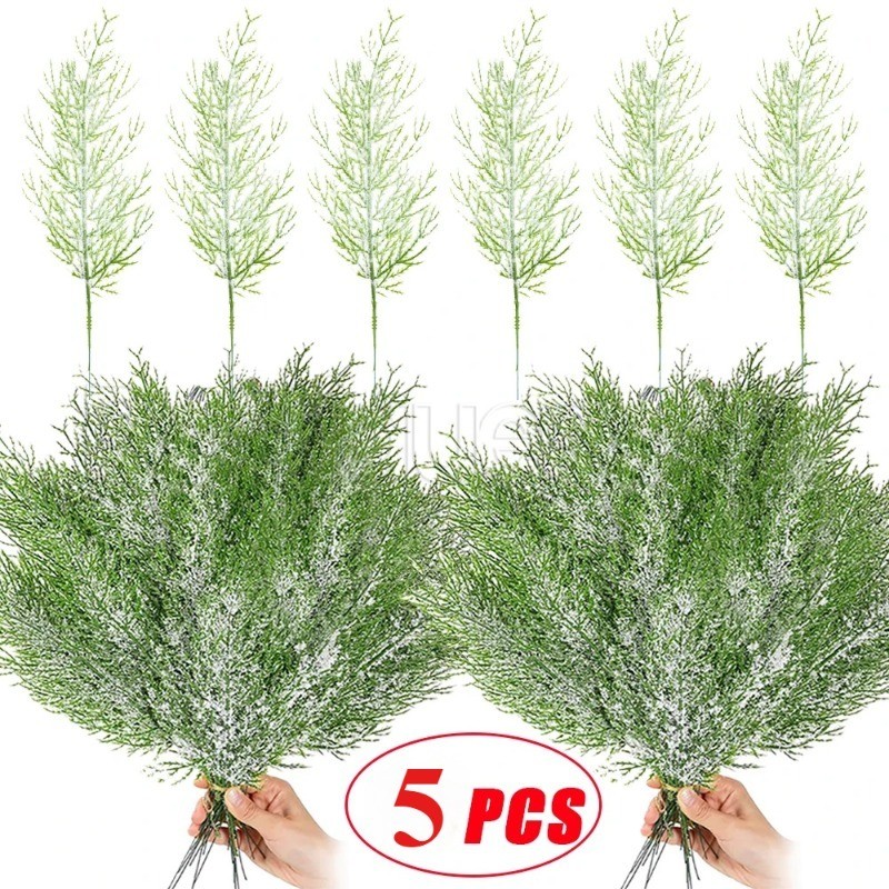 [Destaque] 5 Unidades De Simulação De Natal Ramo De Pinheiro De Floco De Neve-Folhas De Agulha Plástico-Buquê De Plantas