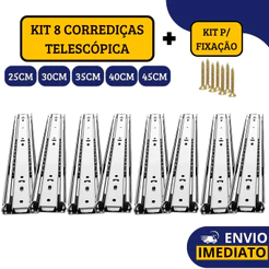 Kit 8 Corrediças Gaveta Trilho Telescópica Light COM Parafusos | 25cm - 30cm - 35cm - 40cm - 45cm