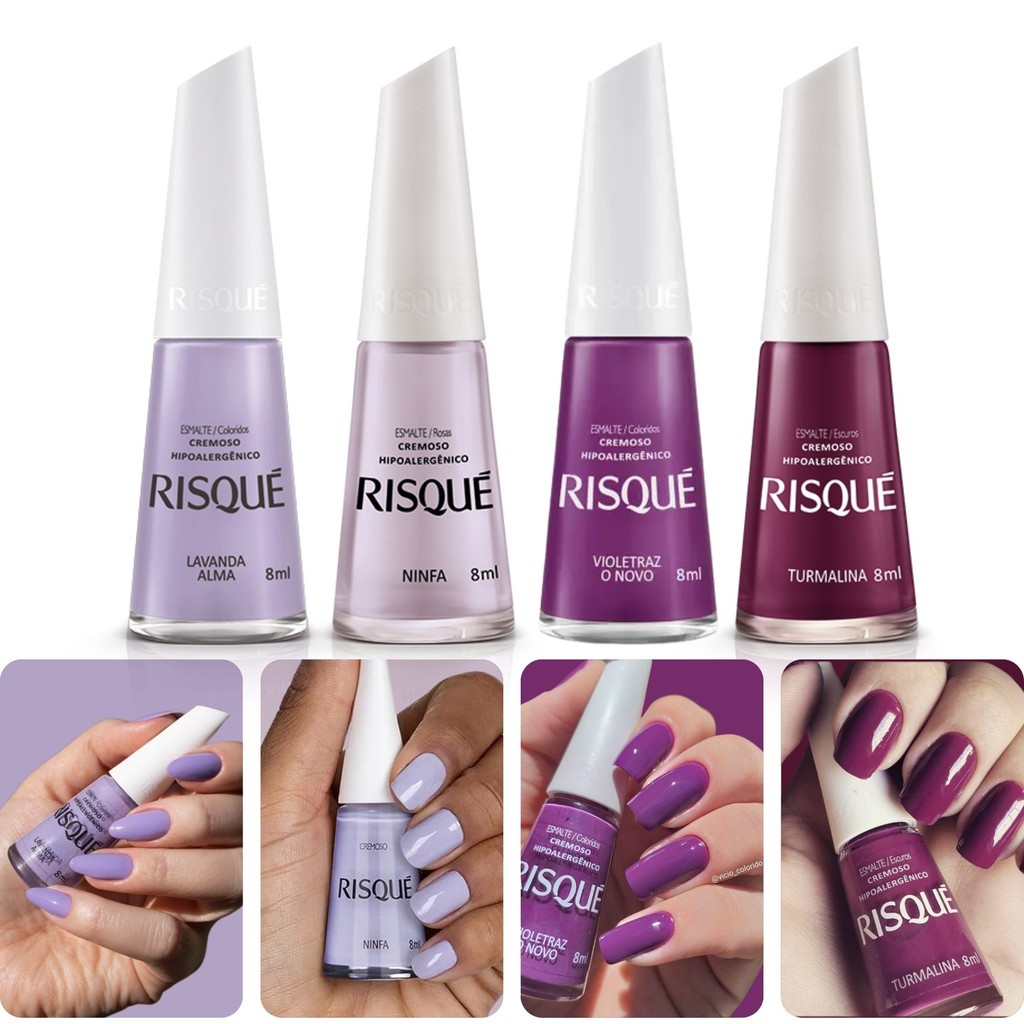 Risque Kit Esmalte Atacado Tons Roxo Cremoso Hipoalergenico 8ml