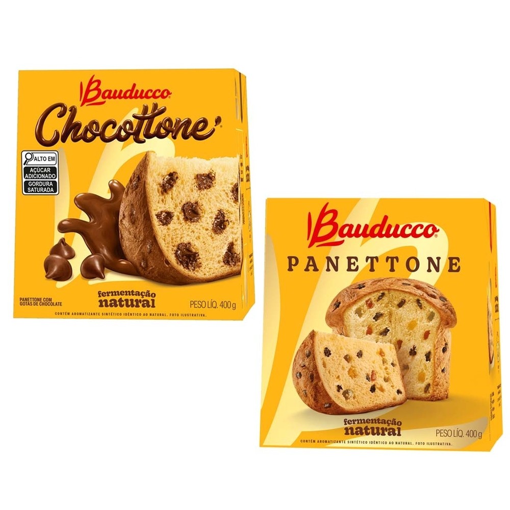 Kit com 2 Panettones Natal Frutas ou Gotas de Chocolate 400g - Bauducco
