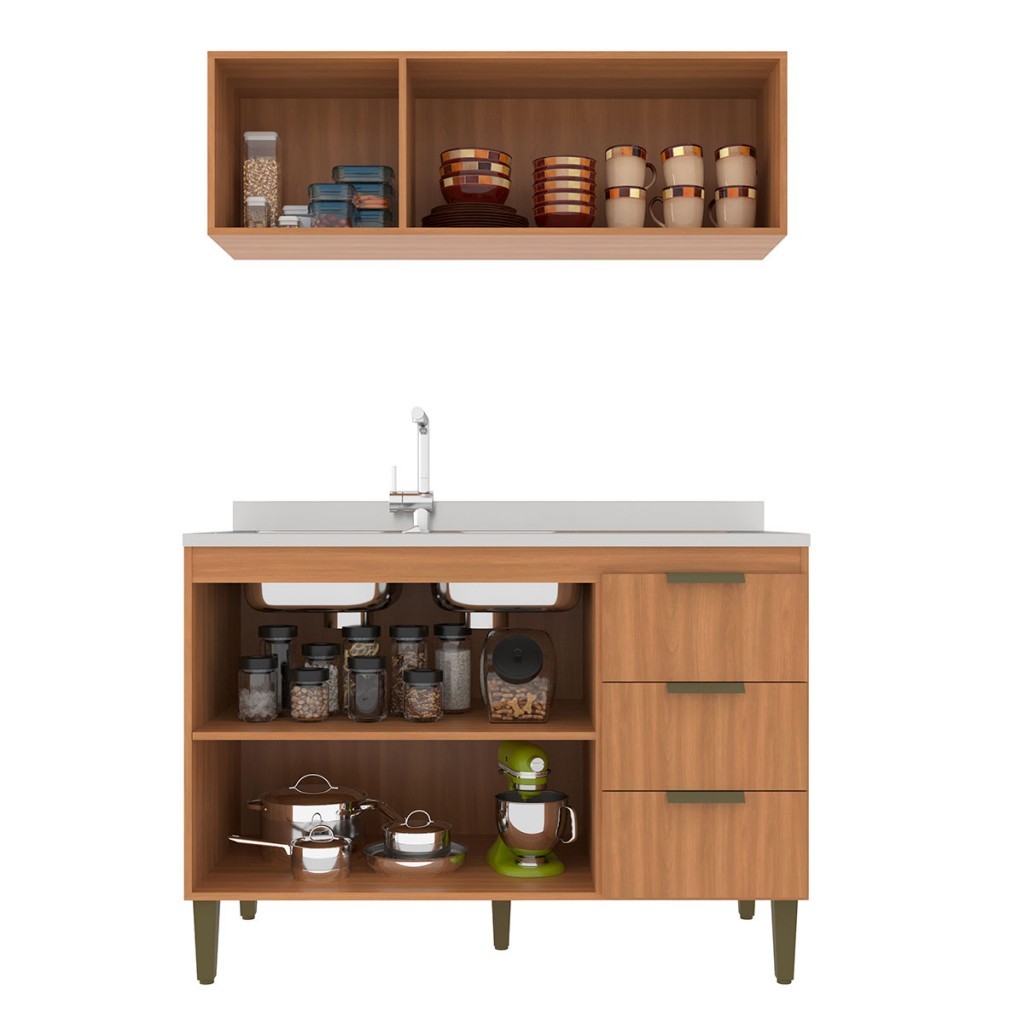 Detalhes do Cozinha Compacta Bia 5 Portas 3 Gavetas Freijó/Off White - Jcarvalho