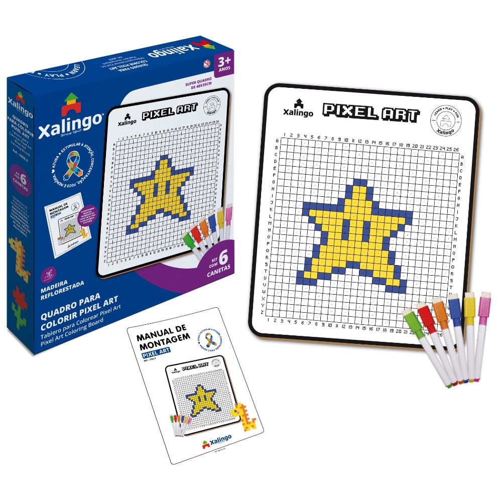 QUADRO PARA COLORIR PIXEL ART II XALINGO MADEIRA REFLORESTADA KIT CANETINHA COLORIR DESENHAR PINTAR - Mom & Baby