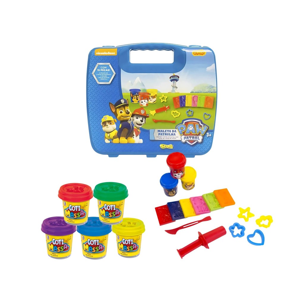 Kit Brinquedo Infantil Massinha de Modelar Maleta da Patrulha Canina + 10 Potes de Coti Massa