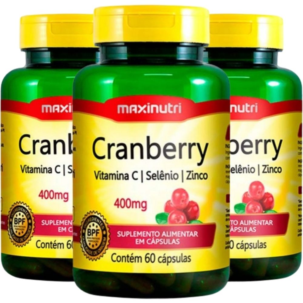 KIT 3X Cranberry + Vitamina C e Zinco 60 cápsulas - Maxinutri