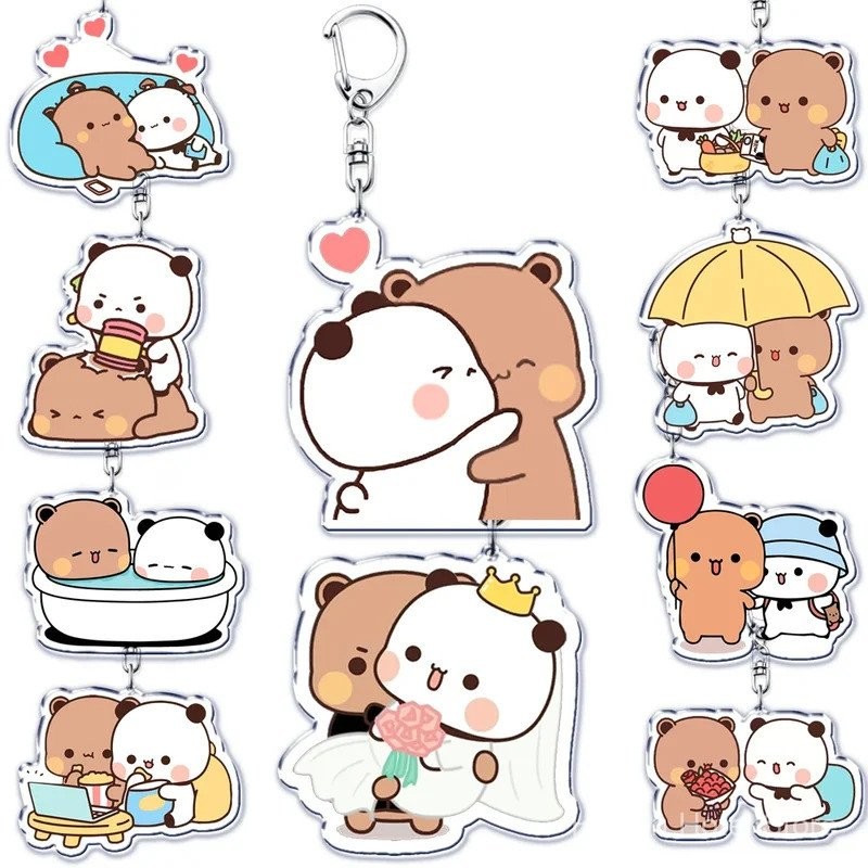 Chaveiros fofos Bubu Dudu Love, casal de ursos e pandas, chaveiro de acrílico para acessórios, pingente de bolsa, chavei