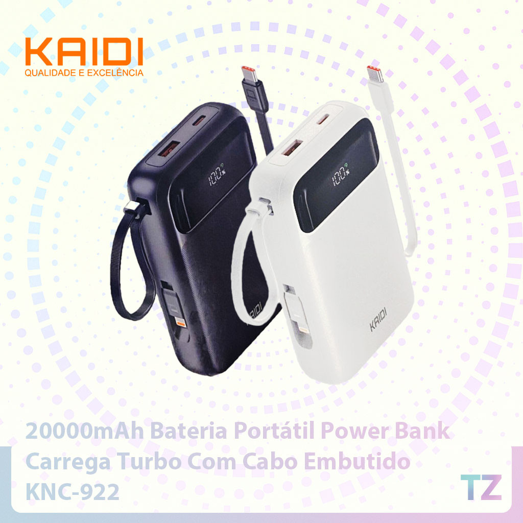 20000mAh Bateria Portátil Power Bank Turbo cabo embutido KAIDI KNC-922