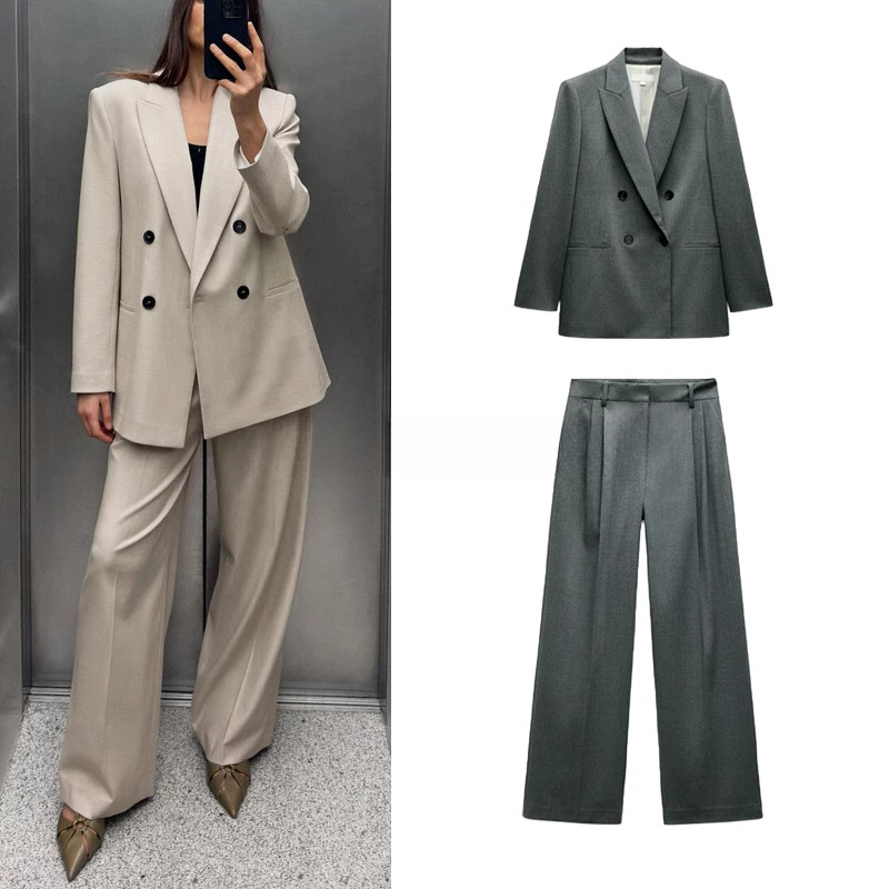 Za Primavera Outono Novo Estilo Blazer Feminino Trespassado com Almofadas de Ombro2129095 Calças largas plissadas2125095 em Oferta na Shopee