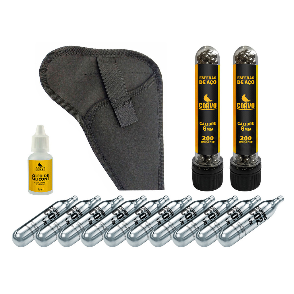 Cápsula de Co2 12g Kit 10 Cilindros com 400 Esferas de Aço 6mm , Coldre Neoprene e Silicone 15ml