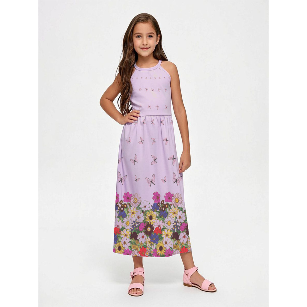 Vestido Longo Infantil Lilás com Estampa de Borboletas e Flores Coloridas em Oferta na Shopee
