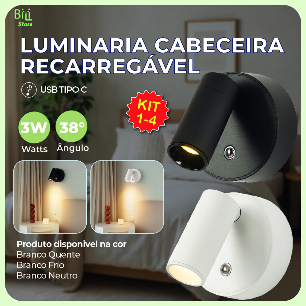 Arandela Spot Luminária Cabeceira Recarregável Led Redonda 3W com 3 Tons de Luz Bivolt