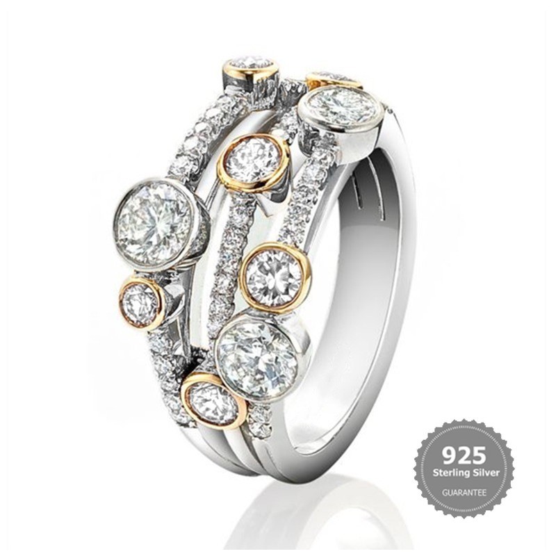 S925 Prata Anel De Moissanite De Duas Cores Oco Linha Geométrica Ponto Diamante