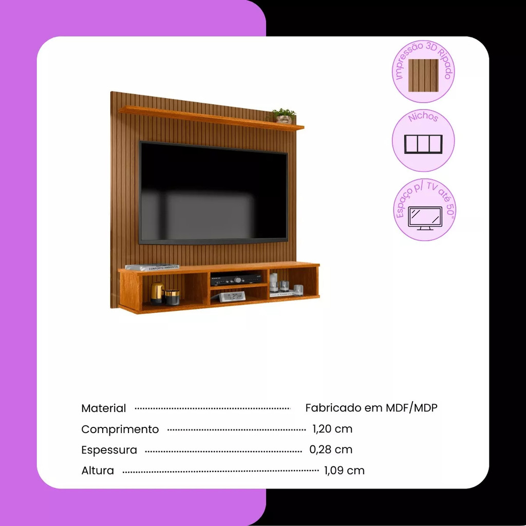 Home Painel Simples Tv 50 Pol Ripado Com Nicho - Offwhite — imagem 2 de 2
