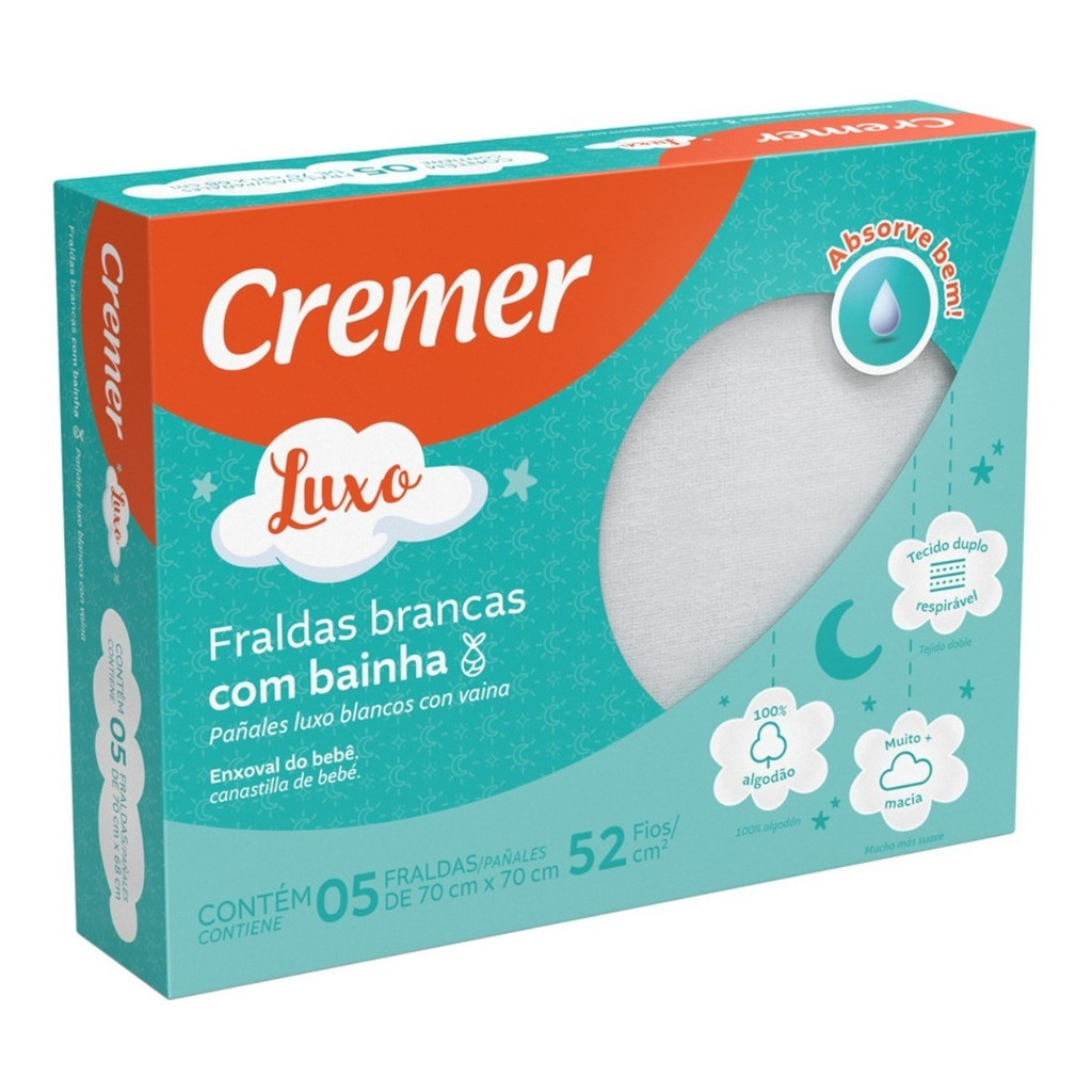 Fralda De Pano Luxo Branca Cremer Com Bainha 5 Unidades em Oferta na Shopee