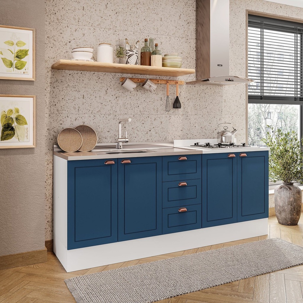 Cozinha Pérola com Rodapé 2 Peças Balcão 2 Gavetas 3 Portas e Balcão 2 Portas Yescasa Branco/Azul em Oferta na Shopee
