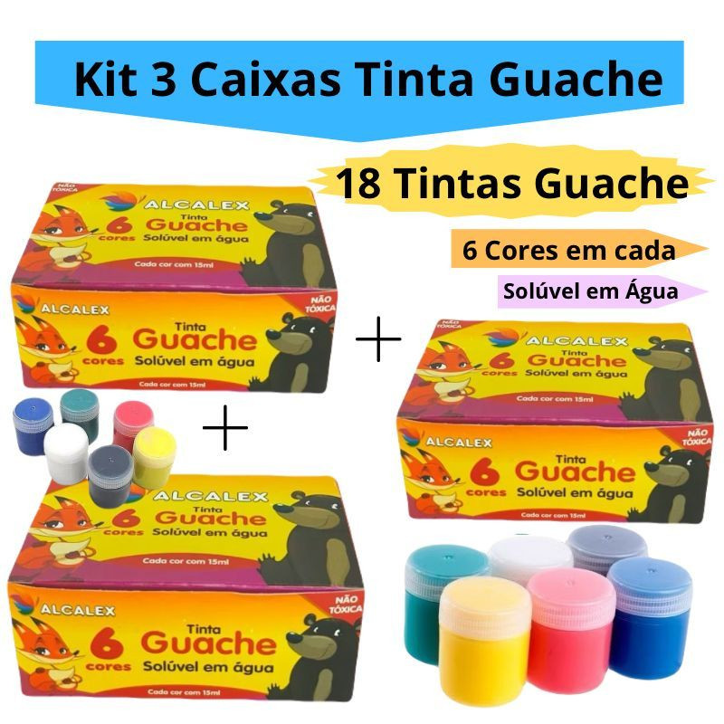 Kit 3 Caixas Tinta Guache 15ml Caixa Com 6 Cores Diferentes 18 Tintas Pintar Infantil Escolar Alcalex em Oferta na Shopee