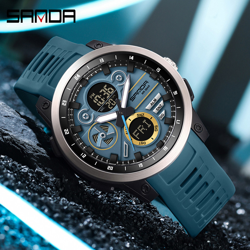 SANDA Dual Display Dial Calendário Luminoso Multifuncional Ao Ar Livre Relógio Eletrônico Masculino SD3379-6