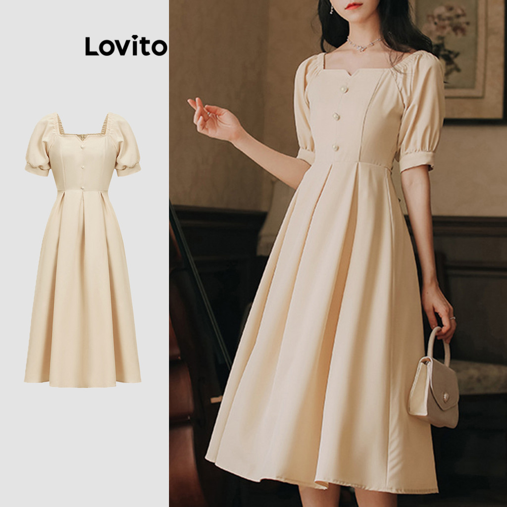 (Trendy) Lovito Vestido Elegante Liso Plissado Com Botões E Cadarço Para Mulheres L87ED399 - Women Clothes