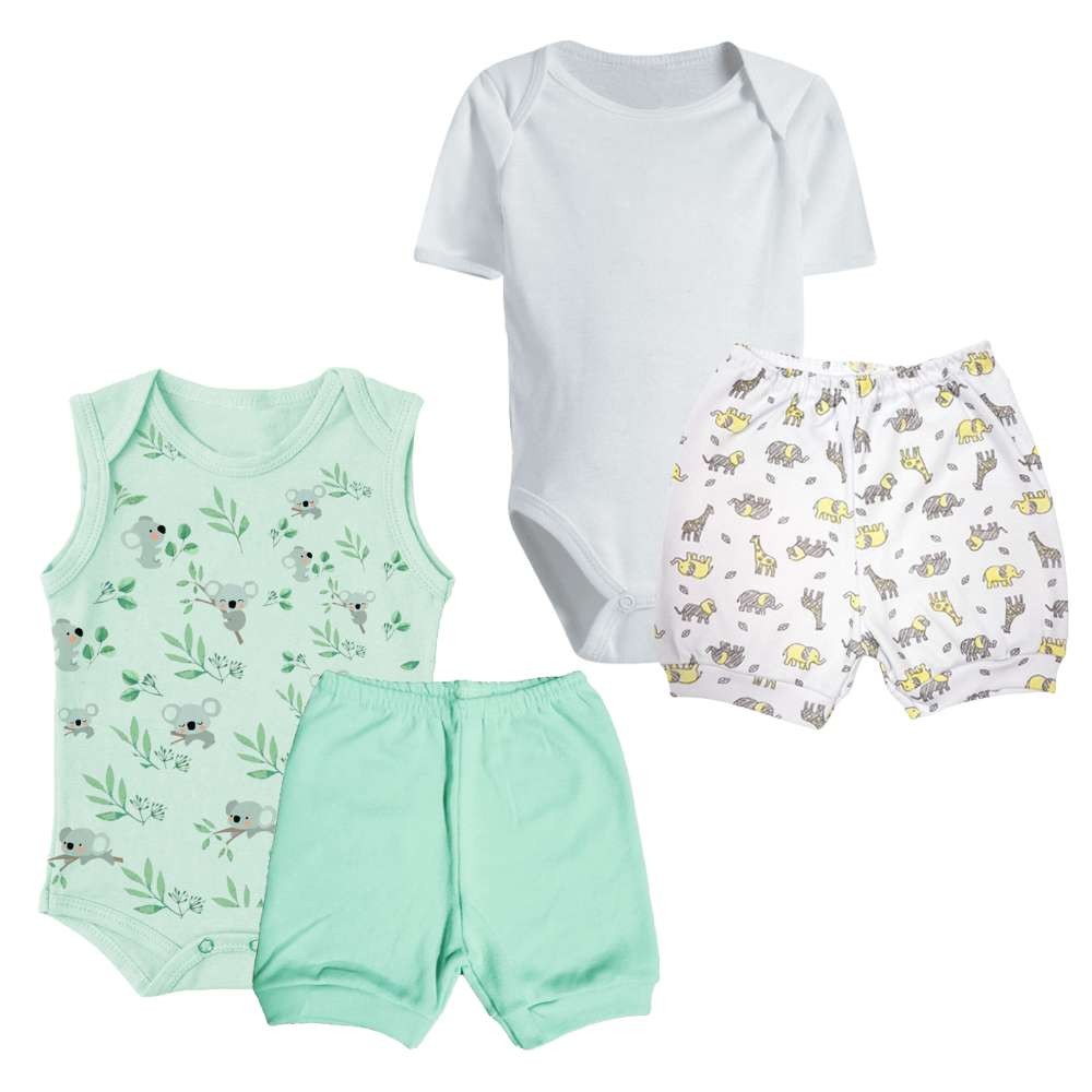 Kit Enxoval Infantil 4 Peças Body e Shorts Bebê 100% Algodão