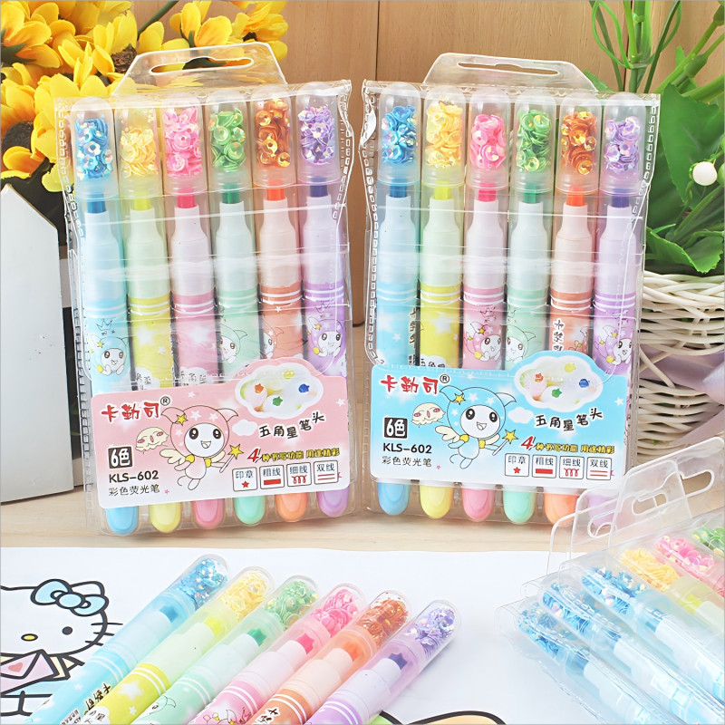 Kit 6 Marca Texto Ponta de Estrela Carimbo Papelaria Fofa