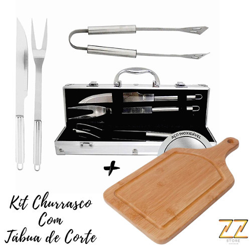 Kit Churrasco Inox C/ Maleta Profissional + Tábua