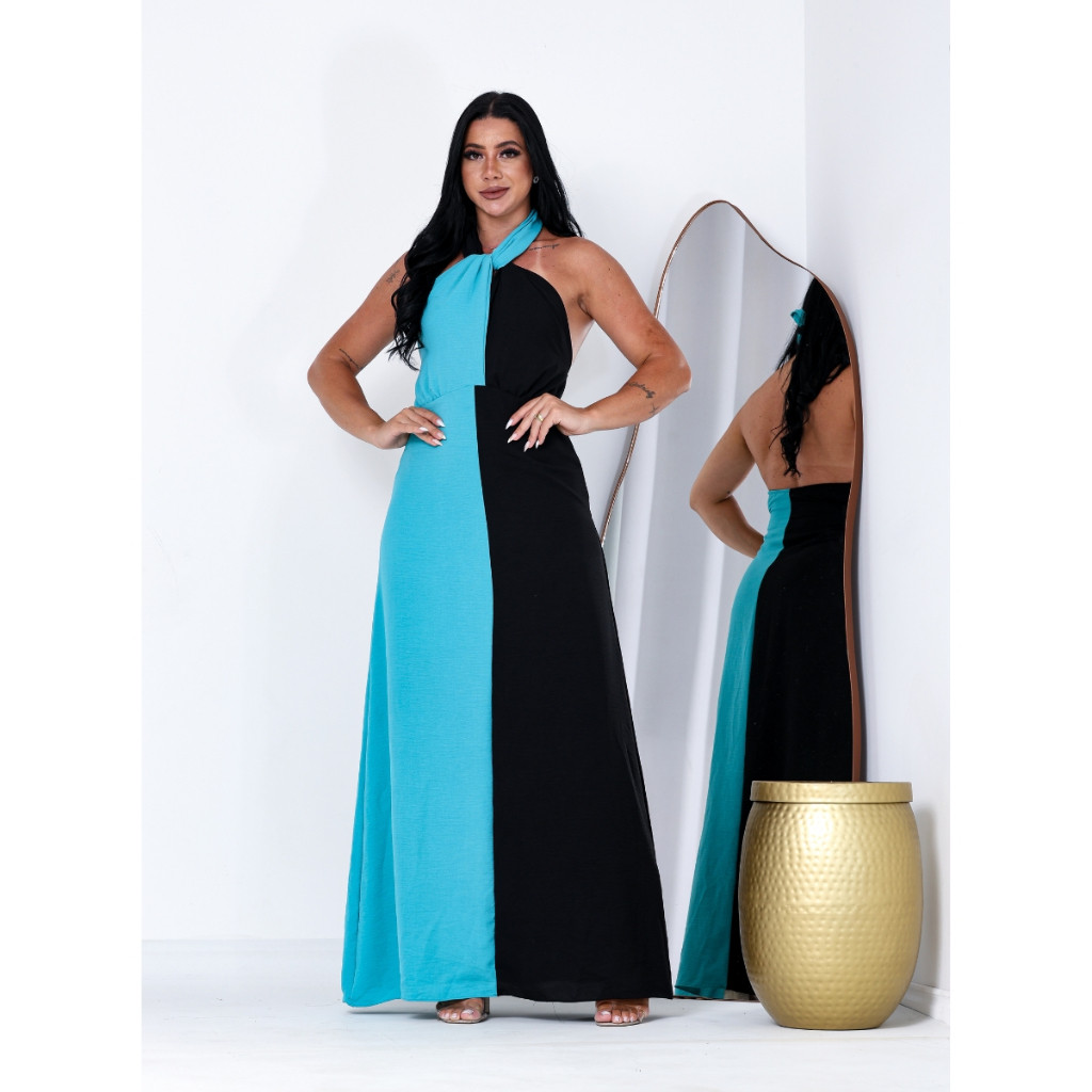 Vestido Longo Feminino Bicolor Frente Única Gola Transpassada Moda Elegante