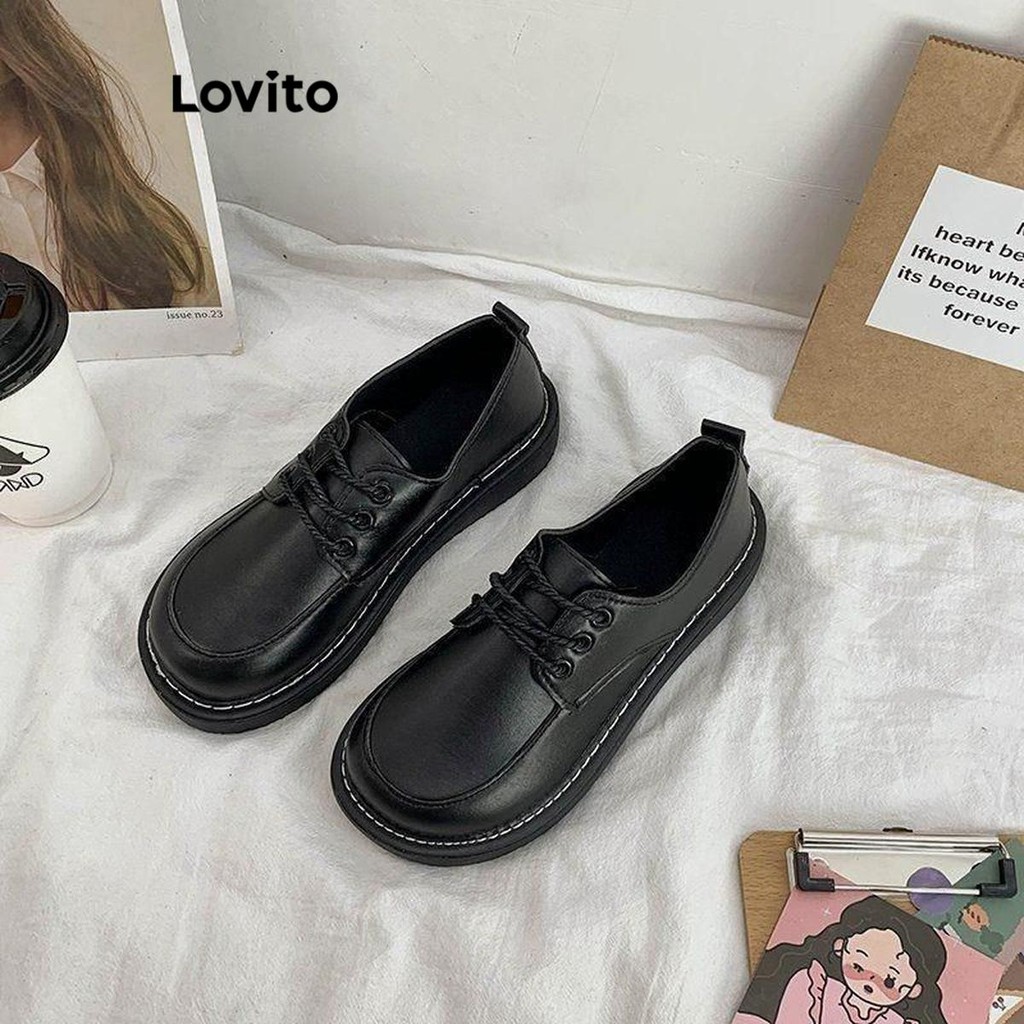 (Trendy) Lovito Preppy Plain Japonês Jk Lace Up Loafers Daily Wear Mary Jane para Mulheres LFA58335 em Oferta na Shopee