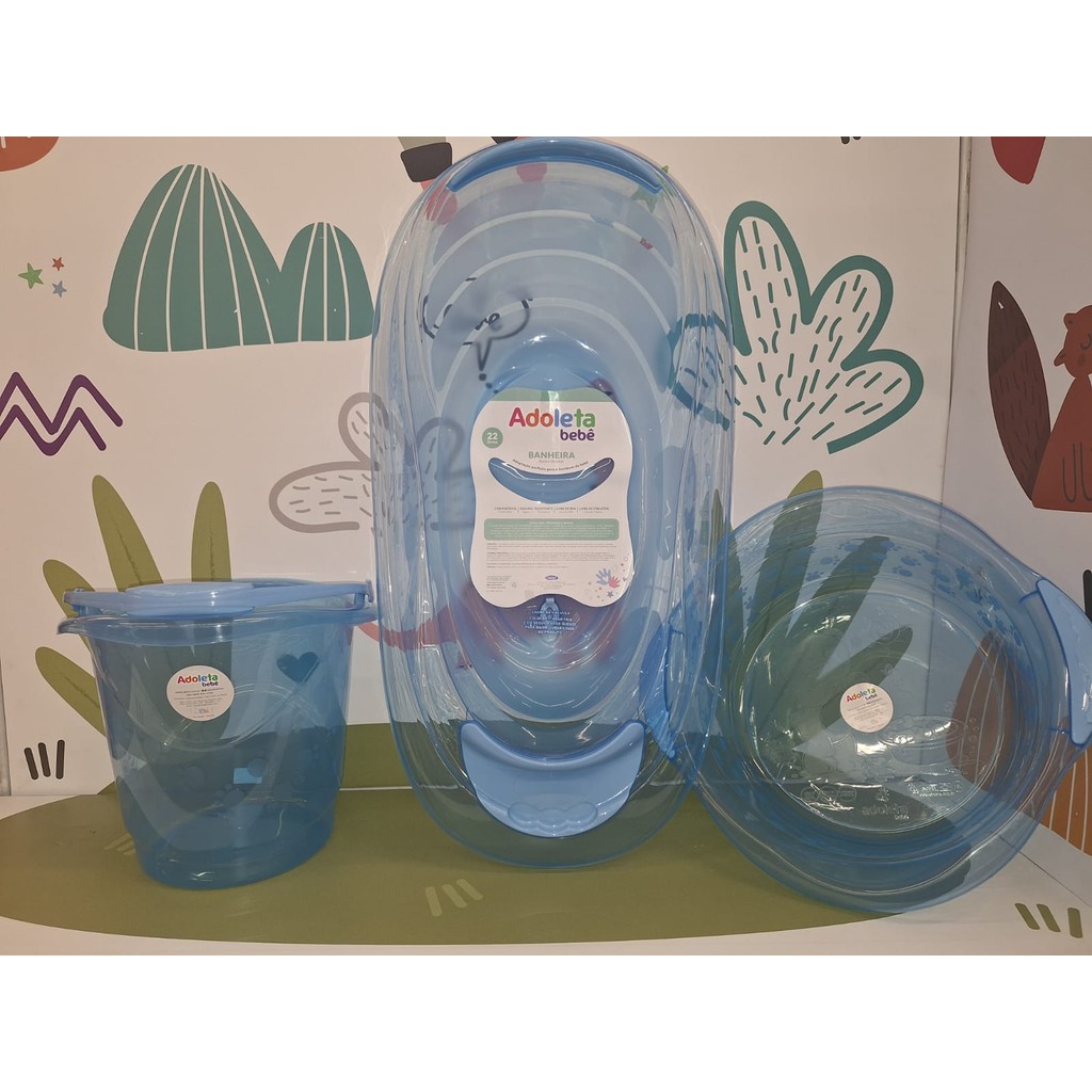 Kit Banheira De Bebê Adoleta Com Balde e Bacia Azul Translúcido