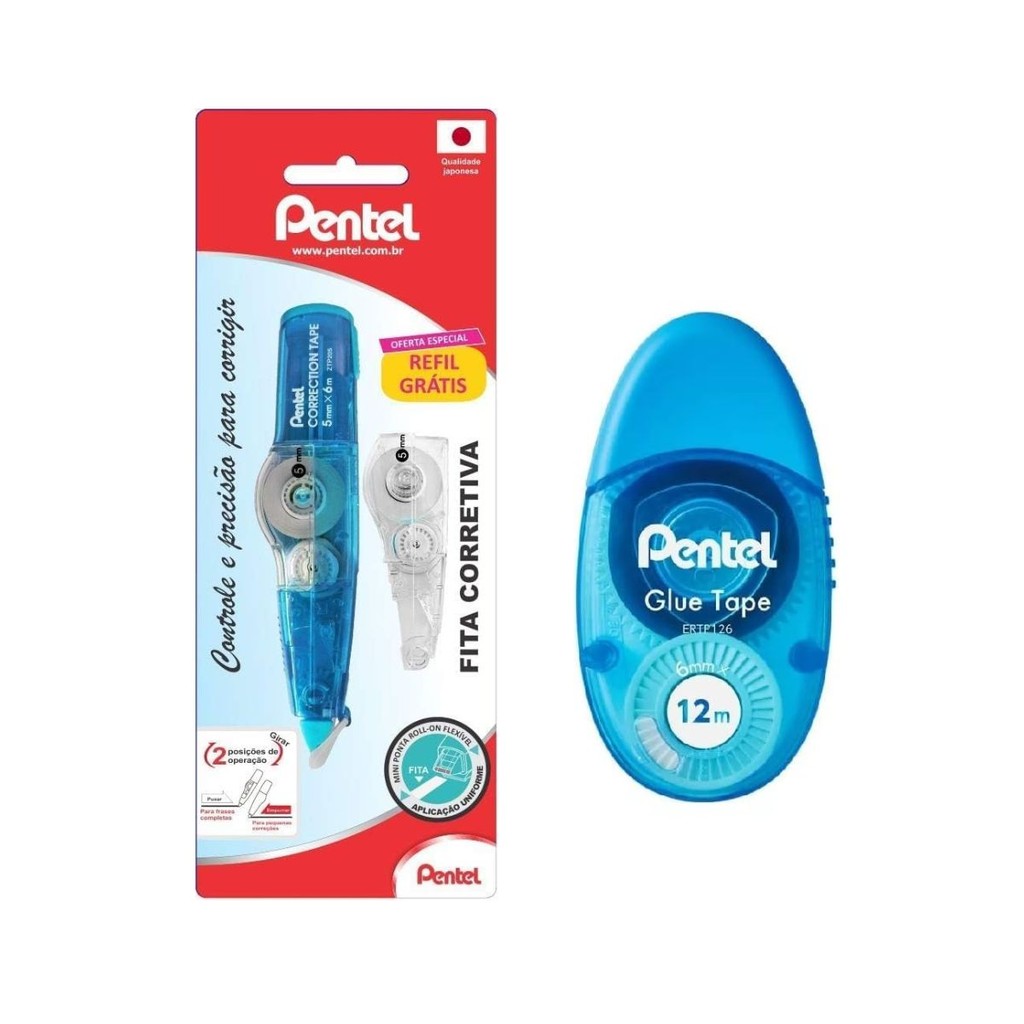 Cola em Fita Azul Pentel e Corretivo em Fita