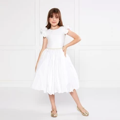 Vestido Godê Liso Branco Festa Infantil Cinto Pérola Batismo