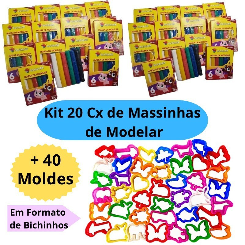 Kit 20 Cx Massinha de Modelar + 40 Molde Cortador Lembrancinha Kit Festa Infantil Escolar