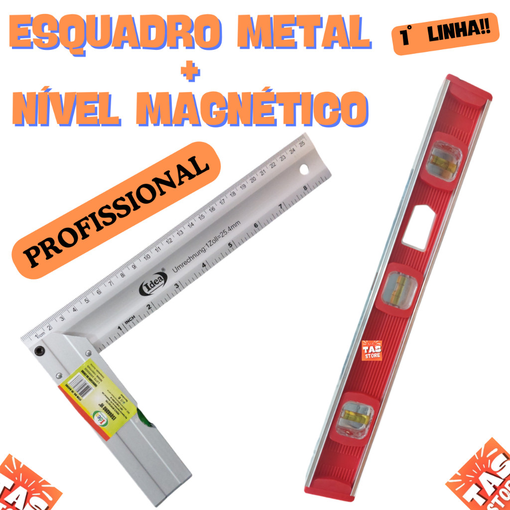 Esquadro Régua Carpinteiro Pedreiro Metálico Aço De 30cm Kit Profissional com Nível Polímetro