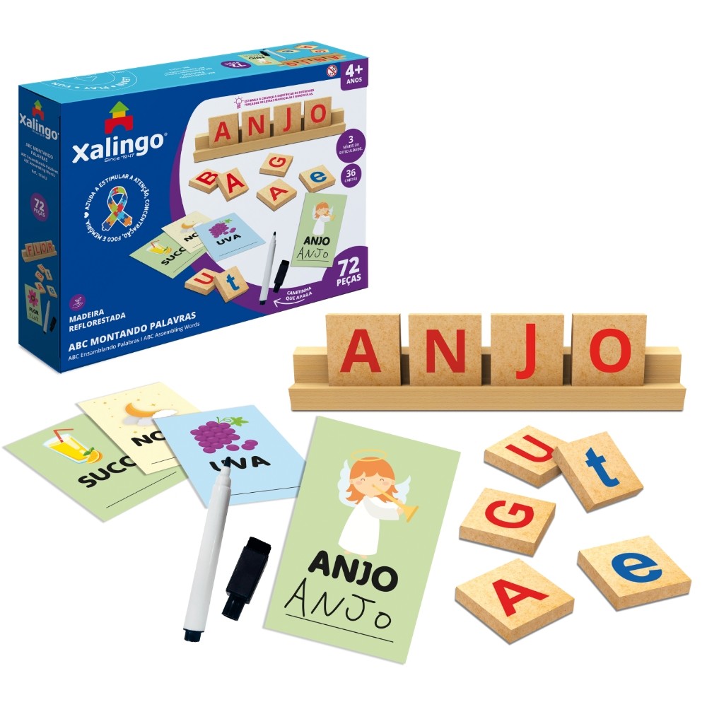 JOGO ABC MONTANDO PALAVRAS 2 XALINGO MADEIRA REFLORESTADA 72 PEÇAS HABILIDADE SOCIAL CRIANÇA DESENHO em Oferta na Shopee