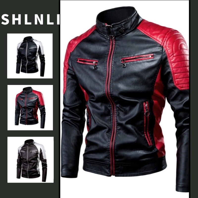 Jaqueta Masculina Retrô Outono E Inverno Solta Gola Alta Com Zíper Couro PU Para Motocicleta