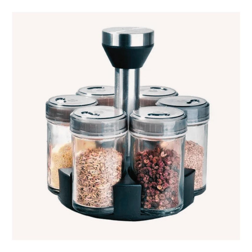 PORTA CONDIMENTOS EM VIDRO 6 PÇS C/ SUPORTE GIRATORIO em Oferta na Shopee