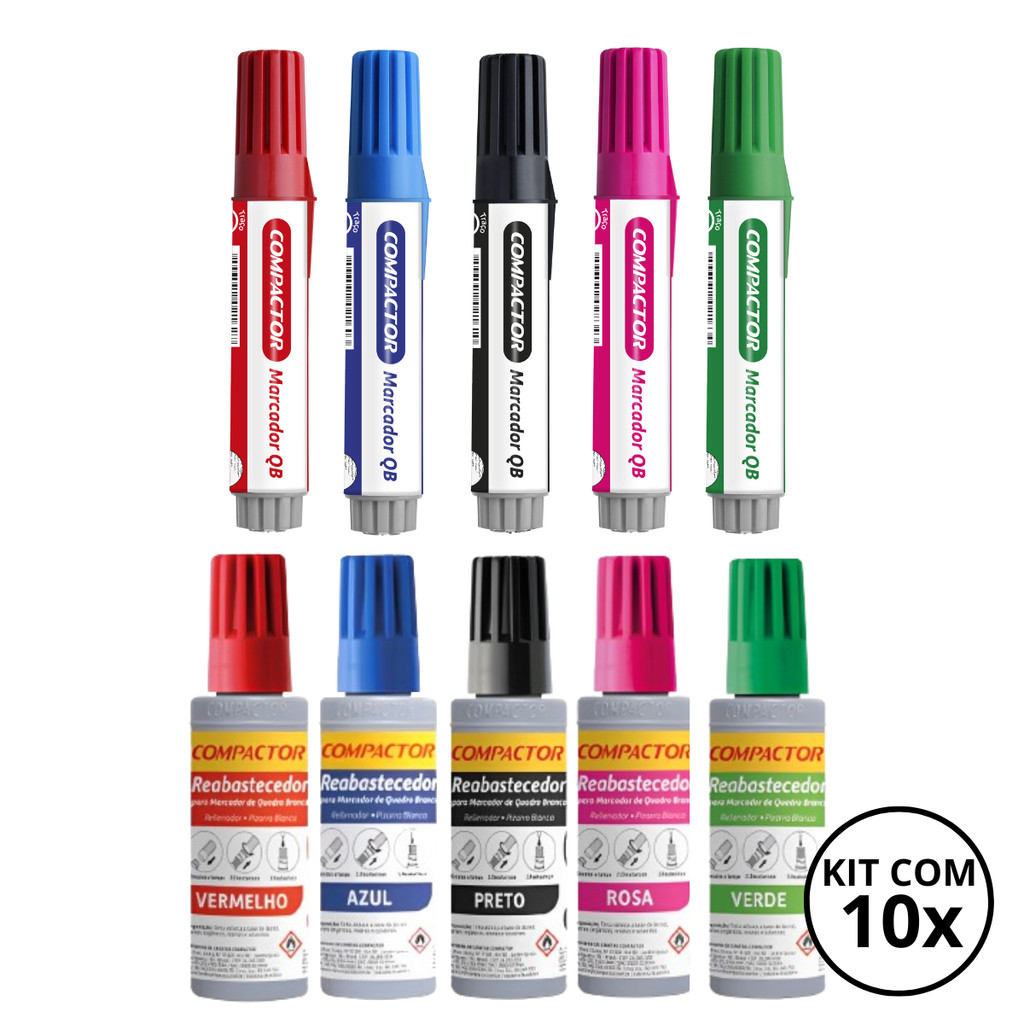 Kit Com 5 Marcadores de Quadro Branco + 5 Reabastecedores - COMPACTOR