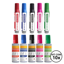 Kit Com 5 Marcadores de Quadro Branco + 5 Reabastecedores - COMPACTOR