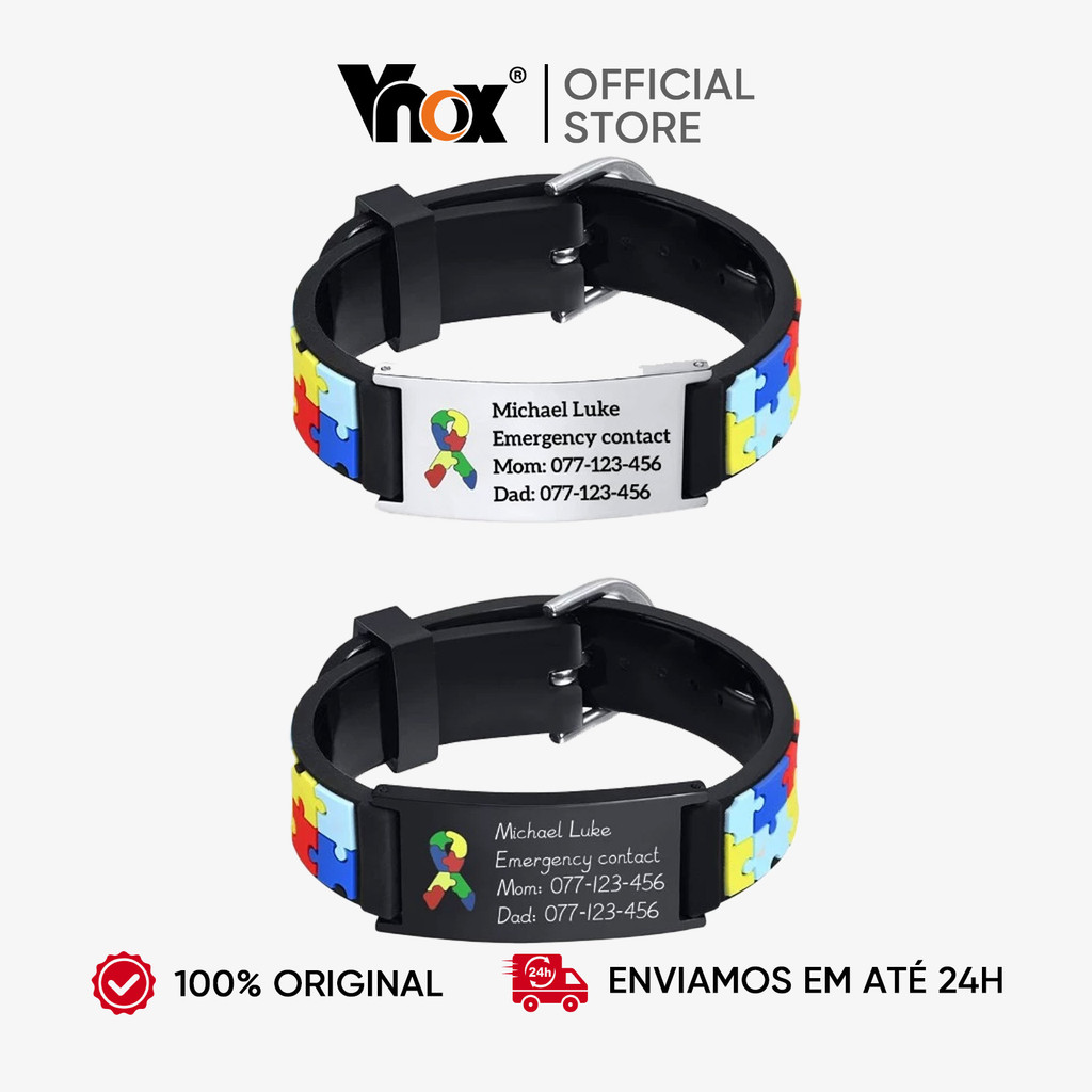 VNOX Cuastom Engrave Pulseira Infantil Autismo Puzzle Colorida - Nome Personalizado Em Aço Inoxidável Para Crianças - Baby & Kids Fashion