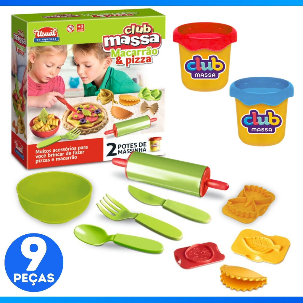 Brinquedo Kit Infantil Club Massa Pizza e Macarrão Massinha de Modelar 09 Peças - ENVIO IMEDIATO