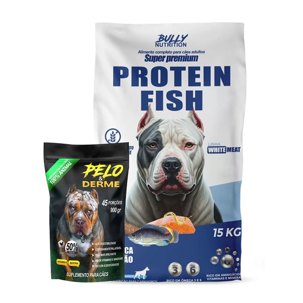 Ração Protein Fish 15kg + Suplemento Bully Pelo & Derme 900g + Moringa Dog 60g