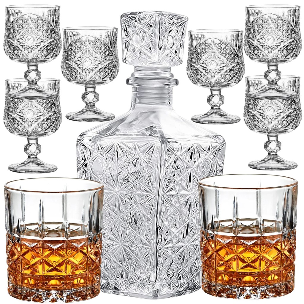 Kit Garrafa De Vidro Para Whisky Mini Bar 2 Copos Para Whisky 6 Mini Taça Para Licor Decoração