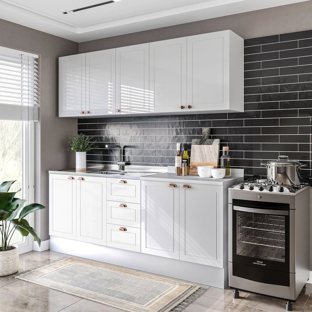 Cozinha Pérola com Rodapé 4 Peças Aéreos com 5 Portas, Balcão 2 Gavetas 3 Portas e Balcão 2 Portas Y Branco em Oferta na Shopee