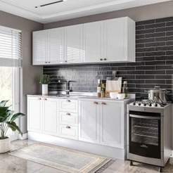 Cozinha Pérola com Rodapé 4 Peças Aéreos com 5 Portas, Balcão 2 Gavetas 3 Portas e Balcão 2 Portas Y Branco