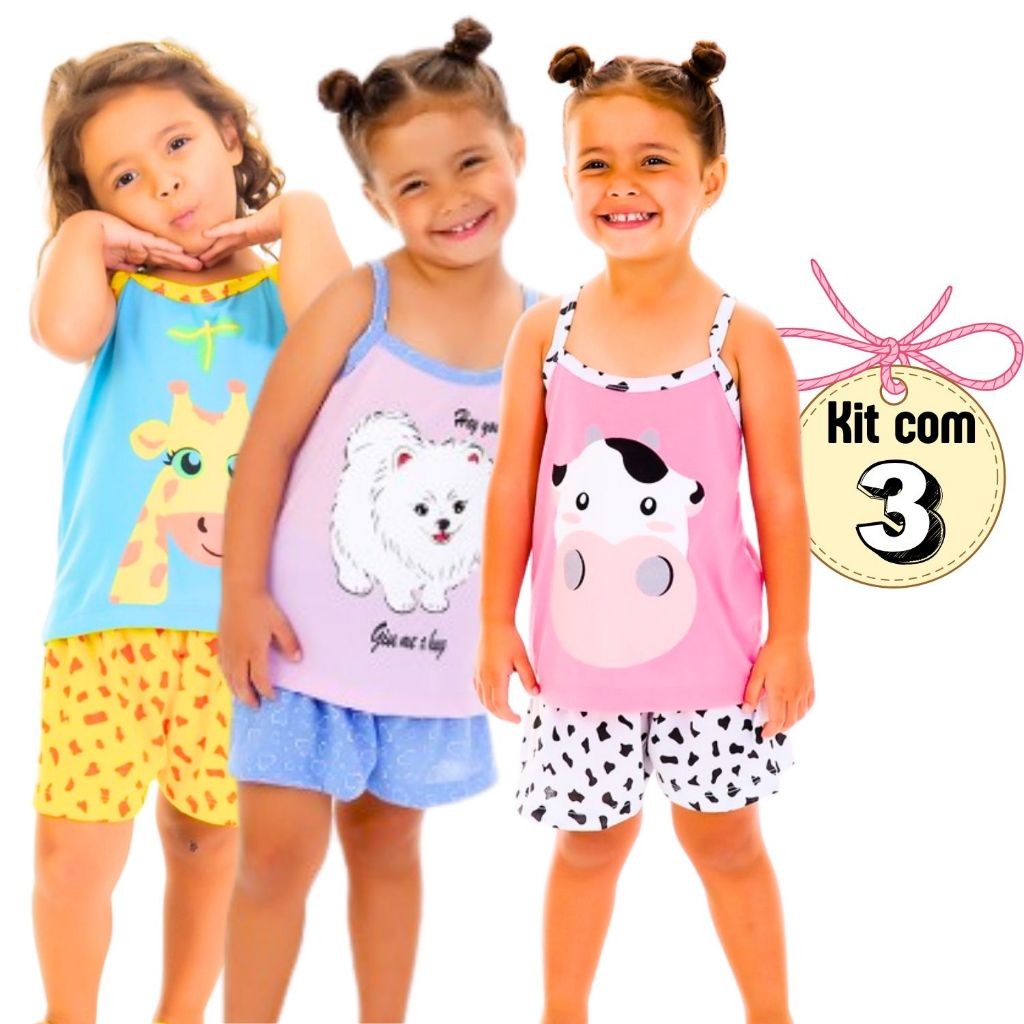 Super Kit 3 Baby Doll Camisola Confort Infantil Verão Alcinha Regata Estampas Variadas Revenda