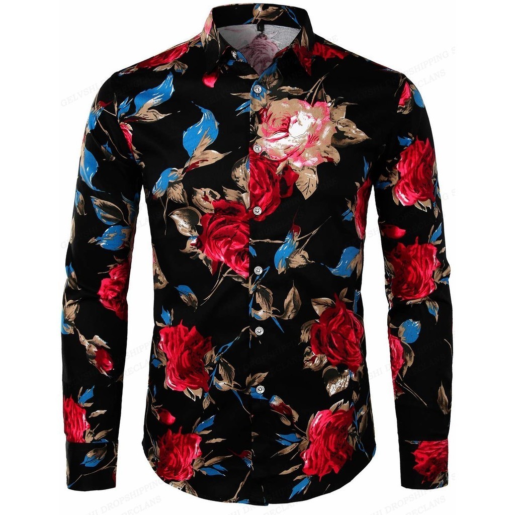 3d Impresso Flor Havaí Camisa Casual Manga Longa Masculina Moda Praia em Oferta na Shopee