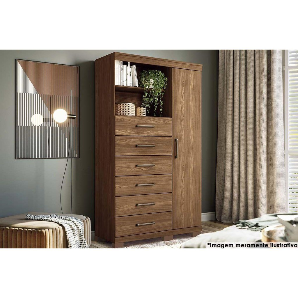 Cômoda de Quarto Marabá 1.6 c/ 1 Porta 2 Nichos e 6 Gavetas c/ Pés Jatoba - Santos Andirá em Oferta na Shopee