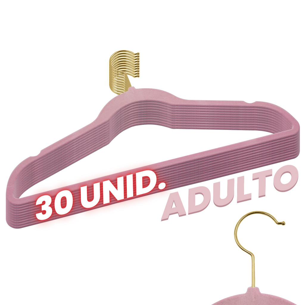 Kit 30 Cabides Veludo Rosa e Gancho Dourado Antideslizantes