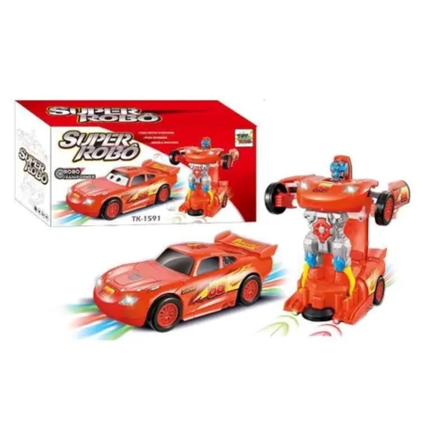 Carrinho Transformers Robô McQueen Com Som Luzes Bate E Volta CarroA Pilha