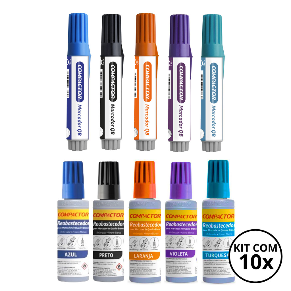 Kit Com 5 Marcadores de Quadro Branco + 5 Reabastecedores - COMPACTOR COR:KIT2