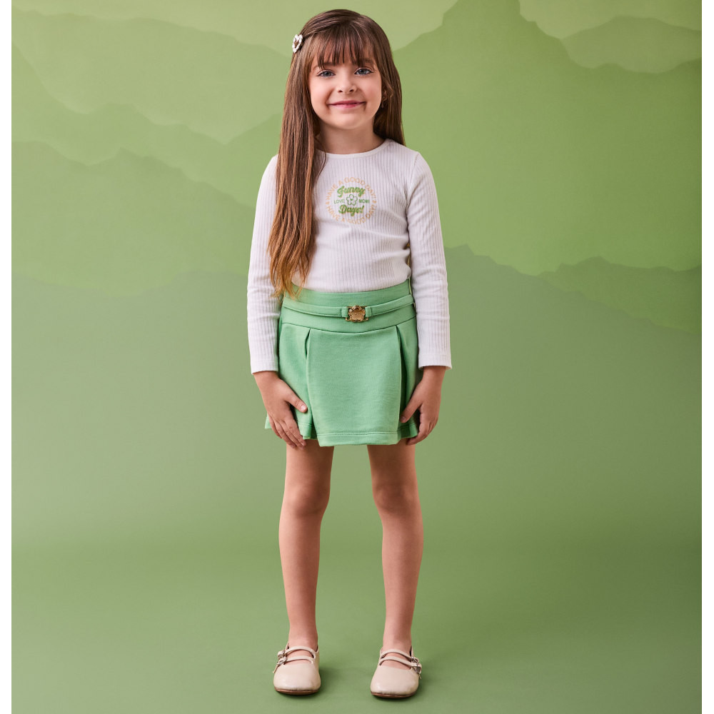 Conjunto Infantil Menina Momi Blusa e Short-Saia Off White/Verde